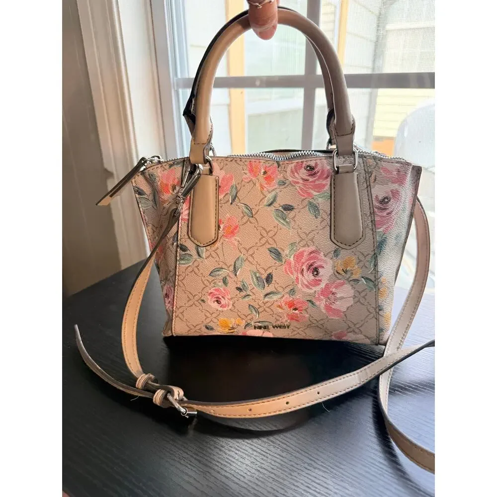Nine West Floral Satchel Crossbody Bag Beige Pink Rose Small Top Handle Purse